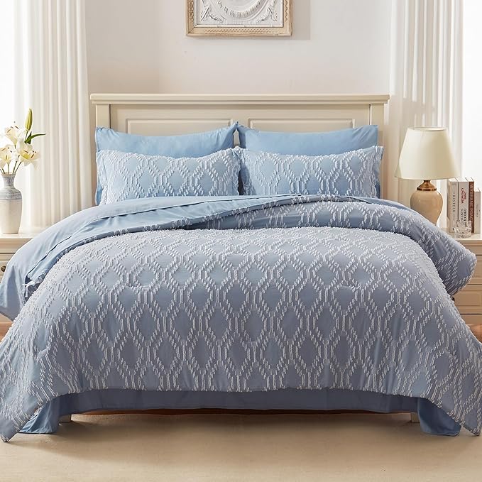 EMME Twin Comforter Set - 5 Pcs Blue Boho Bedding Sets, Twin Size Tufted Comforter with Sheets, Shabby Chic Embroidery Bed Set Fluffy Bed Bag for All Season(68"X90")