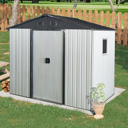 Ball & Cast 8x4FT Outdoor Storage Shed,Large Metal Tool Sheds with Window and Foundation,Garden Tool House W/Tilted Roof & Lockable Door,for Backyard Garden Patio Lawn,White+Black