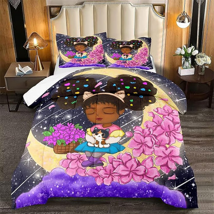 African American Girls Comforter Set Full Size for Girls Bedroom Full Size Afro Girls Bedding Sets for Girls Lovely Black Girls Comforter Set Cute Princess Bedding Set, 1 Comforter + 2 Pillowcases