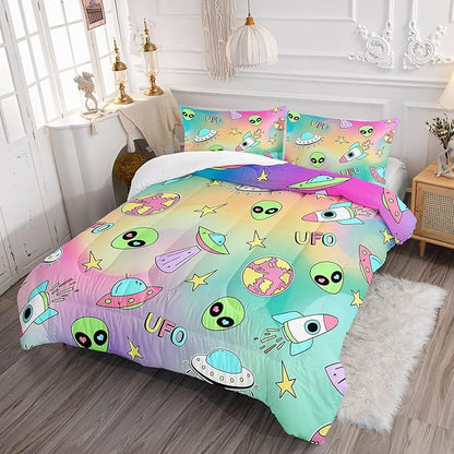 Datura home Space Alien Children Bedding Comforter Set for Girls Kids,Colorful Cartoon Outer Space Planet UFO Lovely Alien Theme Bedding Set with 1 Comforter and 2 Pillowcases(Alien3 Twin)