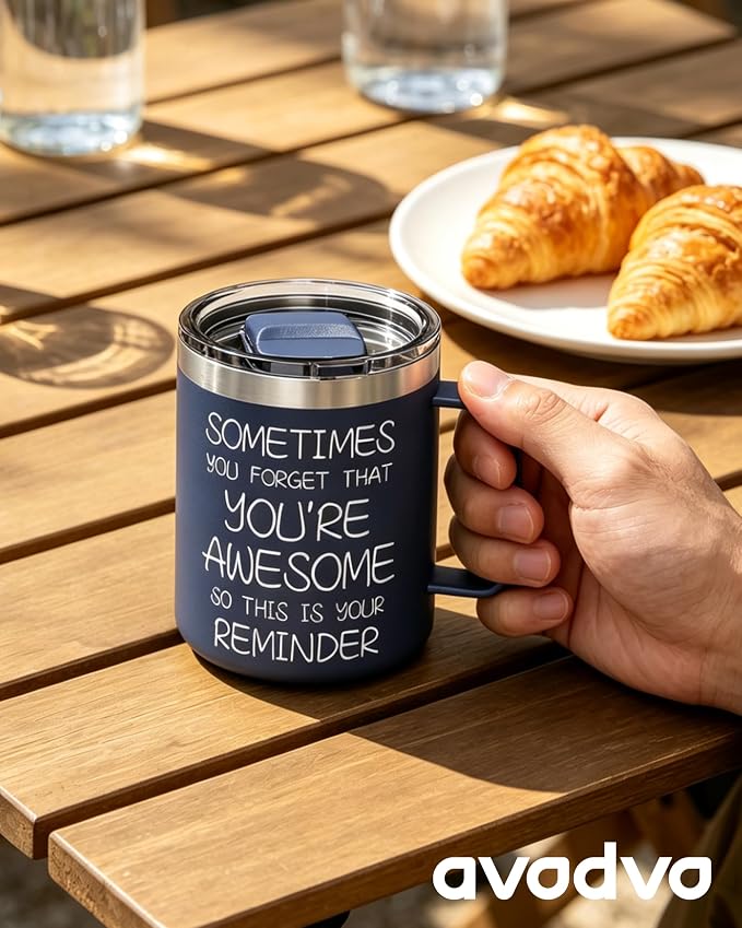 Inspirational Coffee Mug for Men, 12oz Insulated Stainless Steel Mug with Handle & 2 Lids – Sometimes You Forget You’re Awesome, Birthday & Appreciation Gift for Dad, Husband, Him, Navy Blue