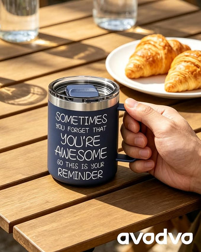 Inspirational Coffee Mug for Men, 12oz Insulated Stainless Steel Mug with Handle & 2 Lids – Sometimes You Forget You’re Awesome, Birthday & Appreciation Gift for Dad, Husband, Him, Navy Blue