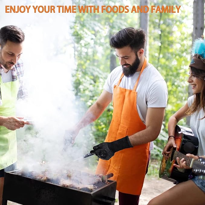 BBQ Fireproof Gloves, Grill Cut-Resistant 1472°F Heat Resistant Gloves, Non-Slip Silicone Oven Gloves, Kitchen Safe Cooking Gloves for Oven Mitts,Barbecue,Cooking, Frying,13.5 Inch-Black