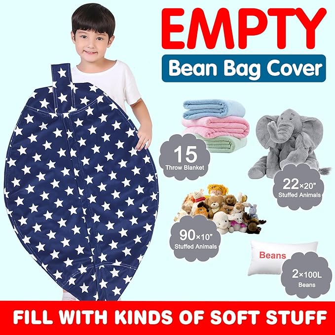 Lukeight Stuffed Animal Storage Bean Bag Chair Cover for Kids, Zipper Beanbag Chair Cover for Organizing Toddler & Kids' Rooms Plush Toys (Stars Navy Velvet, X-Large)