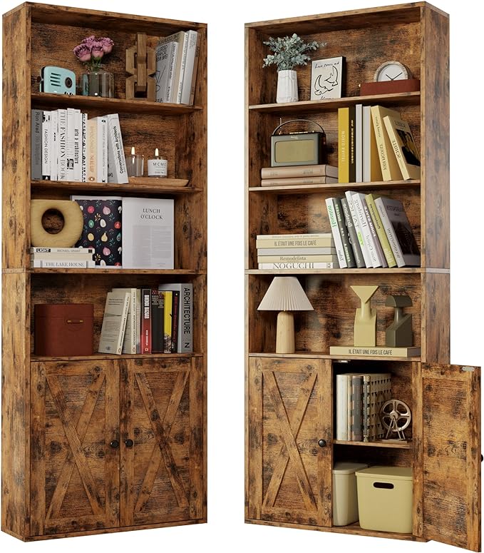 IRONCK Industrial Bookshelves and Bookcases with Doors Set of 2 Floor Standing 6 Shelf Display Storage Shelves 70 in Tall Bookcase for Home Office, Living Room