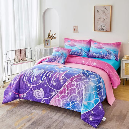 URBONUR Full Size Comforter Set for Girls Purple Blue Mermaid Tail Fish Scales Girls Bedding Set 6 Pcs Bed Sets with Comforter and Sheet Set, Soft All Season Bed in a Bag