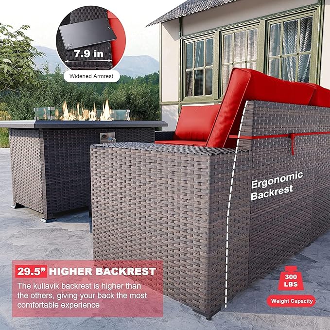 Kullavik 10PCS Outdoor Patio Furniture Set,PE Wicker Rattan Sectional Sofa Patio Conversation Sets with 43" 55000BTU Gas Propane Fire Pit Table,Swivel Rocking Chairs Set,Red