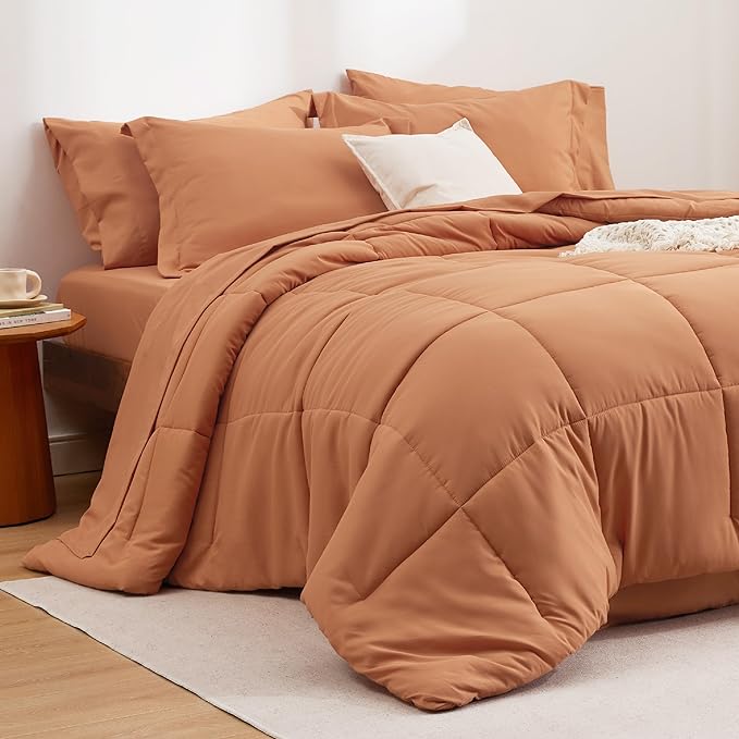 Bedsure Burnt Orange Twin Comforter Set - 5 Pieces Solid Twin Bed in a Bag, Twin Bed Set Burnt Orange with Quilted Warm Fluffy Comforters, Sheets, Pillowcase & Sham