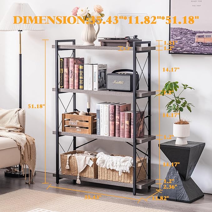 HCHQHS Bookshelf, 4-Tier Industrial Bookcase, Rustic Open Book Shelf, Freestanding Tall Bookshelves with Metal Frame