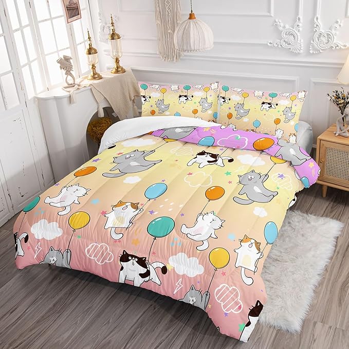 Datura home Kids Comforter Set Cute Cats Printed Pattern Bedding Set with 1 Comforter and 2 Pillowcases for Girls Boys Bedroom All Season(Cat1 Queen)