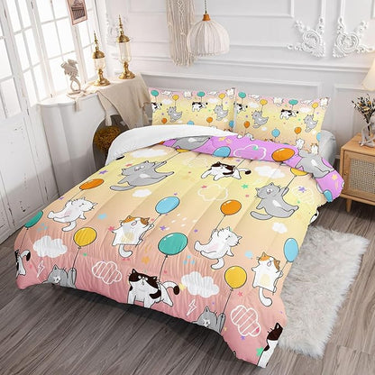 Datura home Kids Comforter Set Cute Cats Printed Pattern Bedding Set with 1 Comforter and 2 Pillowcases for Girls Boys Bedroom All Season(Cat1 Full)