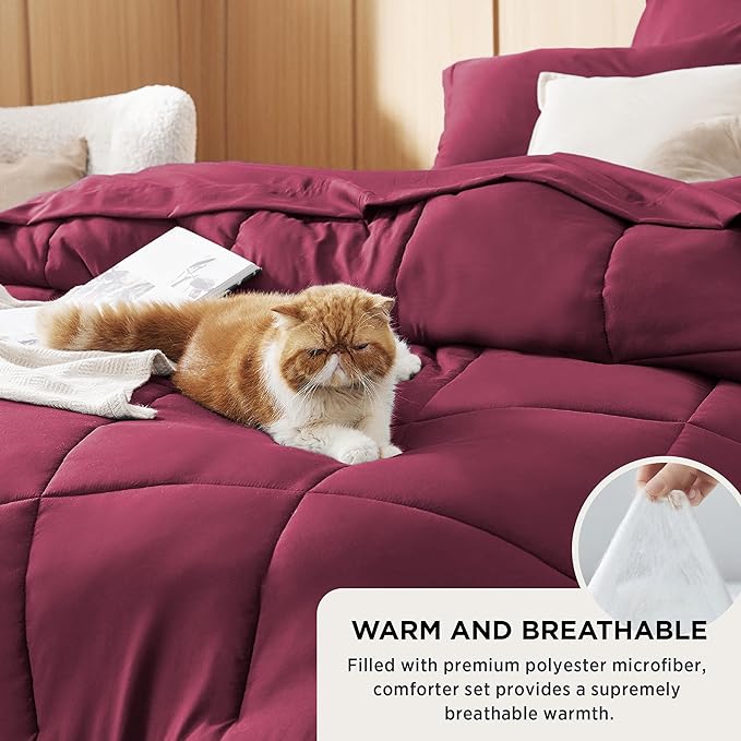 Bedsure Burgundy Twin Comforter Set - 5 Pieces Solid Twin Bed in a Bag, Twin Bed Set Burgundy with Comforters, Sheets, Pillowcase & Sham