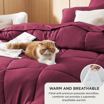 Bedsure Burgundy Twin Comforter Set - 5 Pieces Solid Twin Bed in a Bag, Twin Bed Set Burgundy with Comforters, Sheets, Pillowcase & Sham