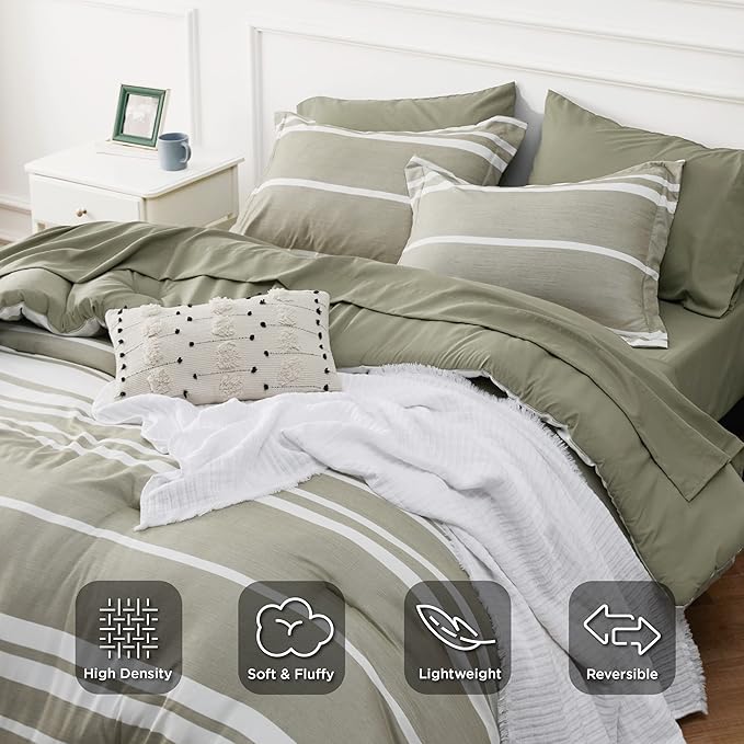 Bedsure Bed in a Bag Twin Size 5 Pieces, Olive Green White Striped Bedding Comforter Sets All Season Bed Set with 1 Pillow Sham, Flat Sheet, Fitted Sheet and 1 Pillowcase