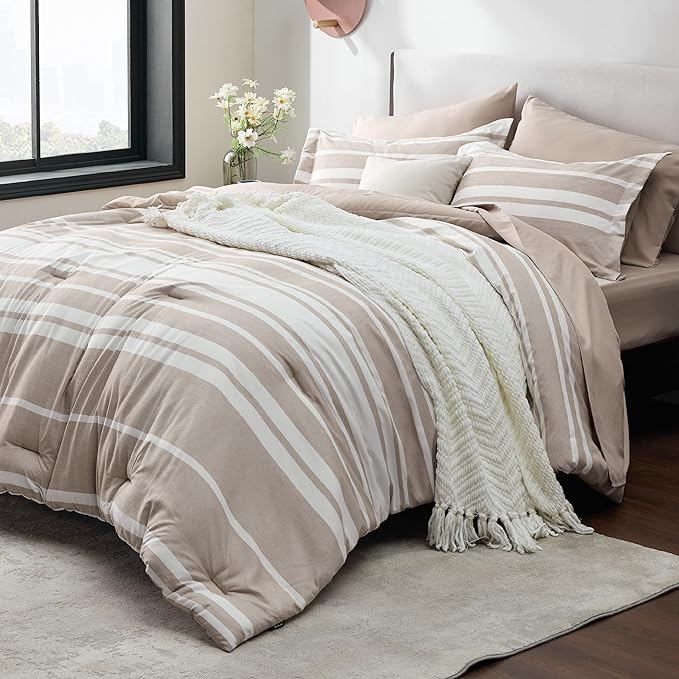 Bedsure Bed in a Bag Twin Size 5 Pieces, Light Camel White Striped Bedding Comforter Sets All Season Bed Set with 1 Pillow Sham, Flat Sheet, Fitted Sheet and 1 Pillowcase