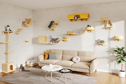 26-in-1 Cat Wall Shelves with Cat Tree, 40''L Tunnel, Moon, Beige | Wall Mounted Cats Furniture Set with Plush Fabric, Cat Climbing Systems for 16 Inch Drywall, with Scratching Posts, Bridge