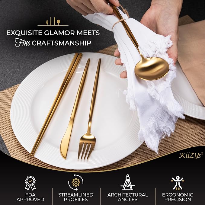 Matte Gold Utensils Set - 16-piece KiiZYs Cutlery Stainless Steel Silverware - Flatware Set Korean Chopsticks Fork Spoon Knife - Cubiertos Dorados Dishwasher Safe Gift Box (Gold, Service for 4)