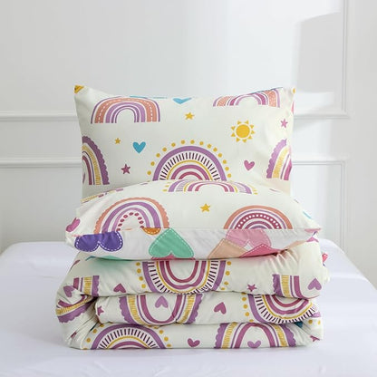Btargot Lightweight Soft 3 Piece Rainbow Comforter Set with 2 Pillow Covers, Cartoon Love Hearts Suns and Stars Bedding Set for Girls Boys Kids, Twin Purple