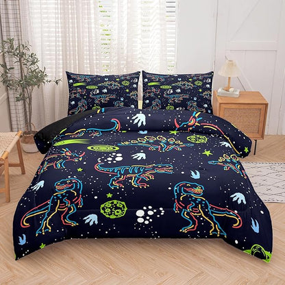 NINENINE Dark Blue Dinosaur Bedding Sets for Kids Boys,Retro Dinosaur Bedding Comforter,Full Size Bedding Sets for Boys Kids, with 1 Comforter 2 Pillowcases…