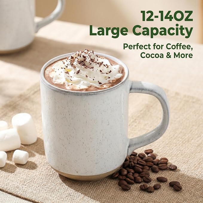 HASENSE Ceramic Coffee Mugs Set of 4, 14 oz Stoneware Coffee Cups with Handle and Speckle for Latte, Cappuccino, Cocoa, Tea and Milk, Microwave and Dishwasher Safe Cups for Men Women, Bluish White