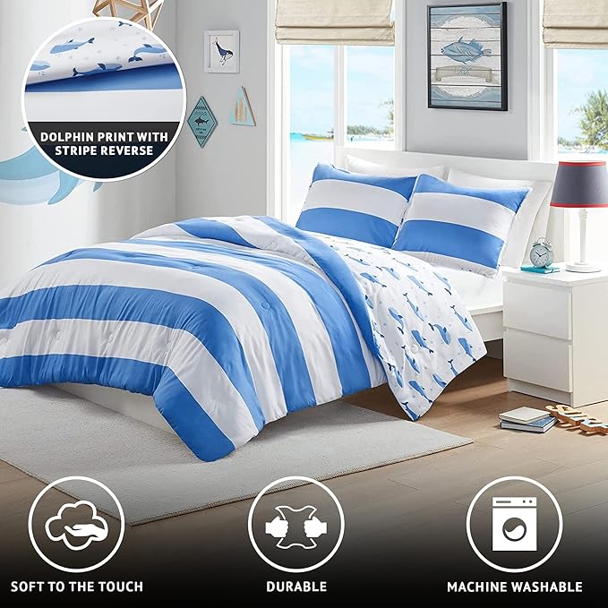 Mizone Kids Blake Reversible Dolphin Comforter Set - Adventure Animal Adorable Print with Stripe Reverse, Fun Bedroom Décor, Modern All Season Kids Bedding, Matching Sham, Full/Queen, Blue 3 Piece