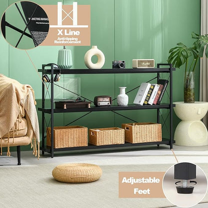 HCHQHS Bookshelf, 3-Tier Long Industrial Bookcase, Black Open Book Shelf, Freestanding Horizontal Bookshelves with Metal Frame