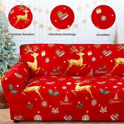 Mybedsoul Christmas Printed Red Sofa Cover Reindeer Printed Elastic Couch Cover Machine Washable Christmas Theme Red Sofa Slipcover for Living Room(2 Seater/Loveseat)