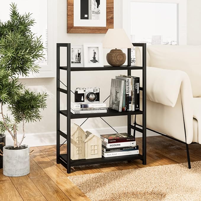 NUMENN 3 Tier Bookshelf, Bookcase Shelf Storage Organizer, Modern Book Shelf for Bedroom, Living Room and Home Office, Black