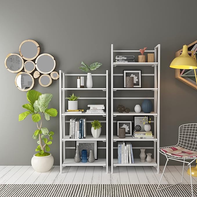 No-Assembly Folding Bookshelf Storage Shelves 4 Tiers Vintage Multifunctional Plant Flower Stand Storage Rack Shelves Bookcase for Home Office (All White)