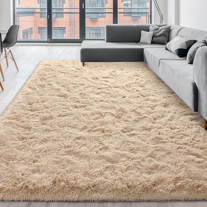 Super Soft Fluffy Shaggy Rugs for Living Room Bedroom, Fuzzy Plush Area Rugs for Girls Kids Room Nursery Home Decor, Furry Dorm Rug Cute Non-Slip Indoor Floor Carpet 5x8 Feet, Beige