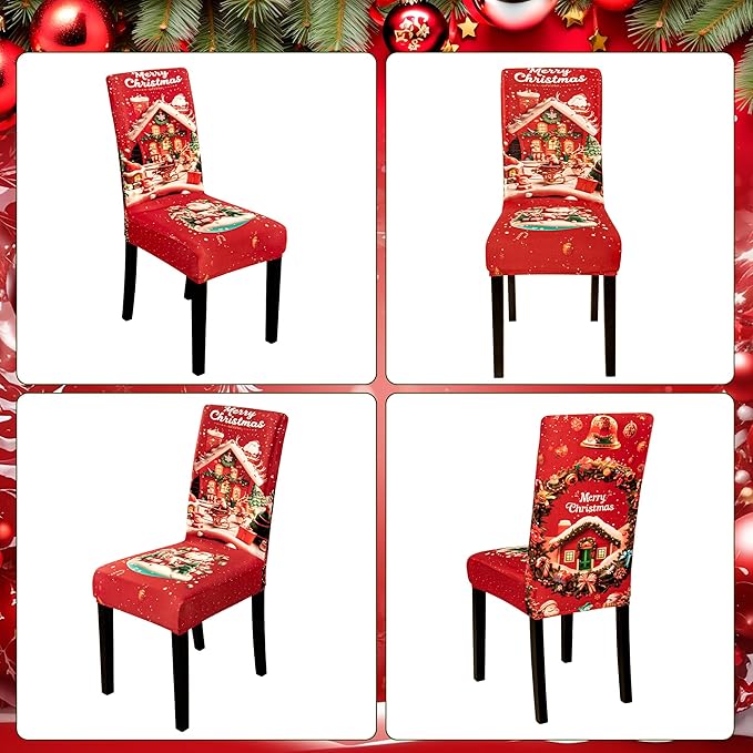 6PCS Christmas Dining Chair Covers Stretch Removable Washable Dining Room Chair Protector Slipcovers Santa Claus House Wreaths Kitchen Chair Cover Slipcover Protector for Xmas Holiday Party Home Décor