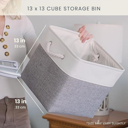 OrganiHaus 13x13 Cube Storage Bins 4 Pack, Foldable Cube Storage Organizer w/ Rope Handles, Collapsible Fabric Bins for Toys, Clothes & Closet Organization, Fabric Square Baskets - Off-White