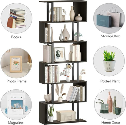 Yusong S Shaped Bookshelf, Modern Geometric Bookcase, 6-Tier Black Display Case Book Shelf