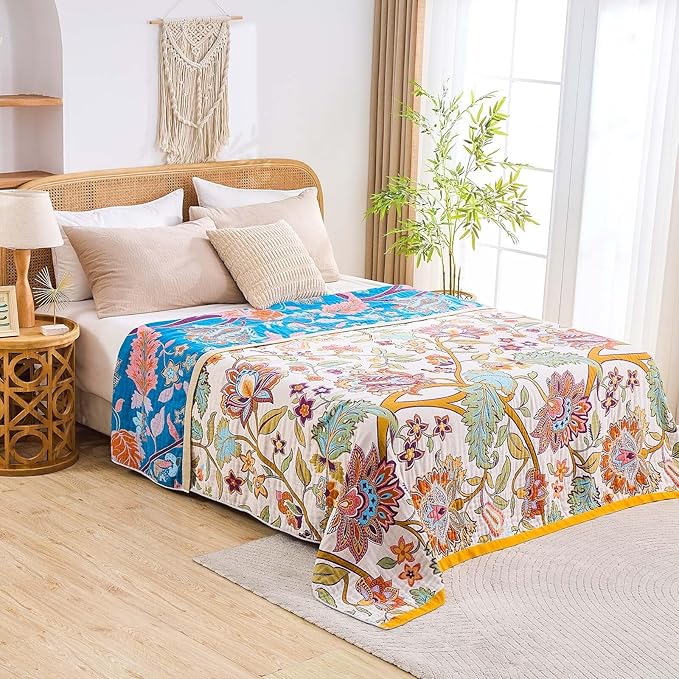 Boho Throw Blanket for Bed, 100% Cotton Soft Rustic Quilt Fall Blanket, 50"x60" Floral Printed Farmhouse Decor Bed Blankets, All Season Rustic Reversible Bohemian Throw Quilt