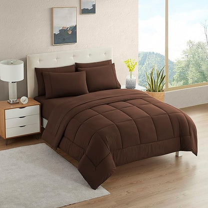 Dorm Room Essentials College Bedding Comforter Set 7 Piece Full Size Bed in a Bag for College Students Boys and Girls, Full, Chocolate Brown
