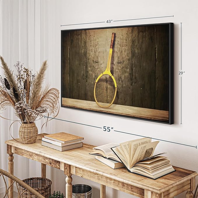 ElephantStock Vintage Tennis Racket Wall Art - Horizontal Framed Canvas - 1-Piece Living Room Wall Decor - Photography Sports Canvas Print - Brown and Black Decor for Wall - 43" X 29"