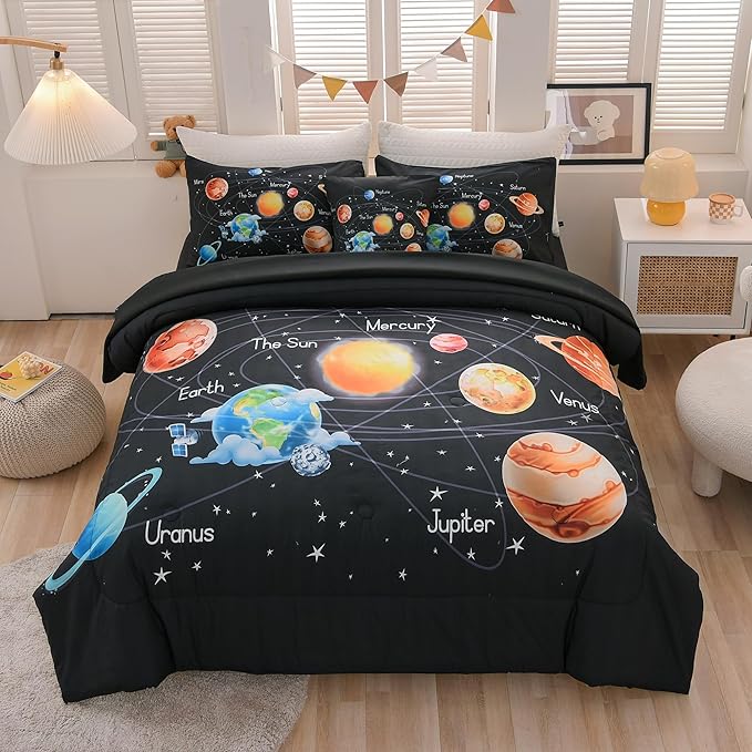 6 Pcs Outer Space Bedding Set Twin Solar System Comforter Set Universe Planets Theme Comforter for Boys Kids Ultra-Soft (1 Comforter, 2 Pillowcases, 1 Flat Sheet, 1 Fitted Sheet,1 Pillowcover)