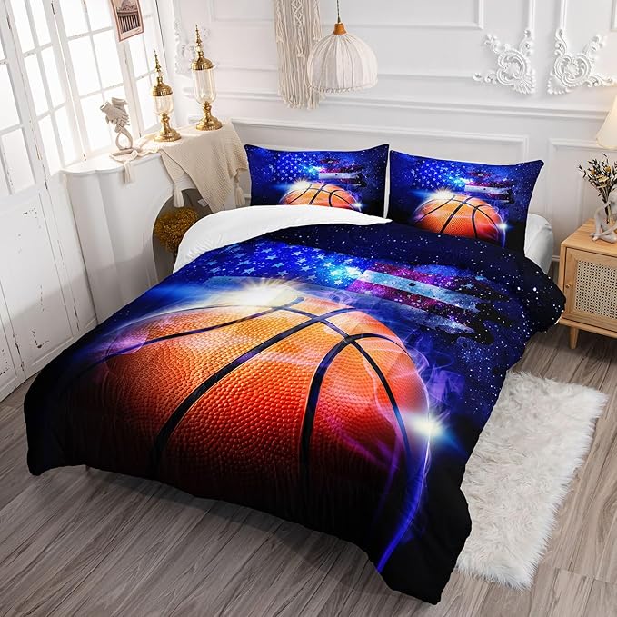 Datura home Kids Comforter Set Basketball Printed Pattern Bedding Set with 1 Comforter and 2 Pillowcases for Girls Boys Bedroom All Season(Basketball Full)