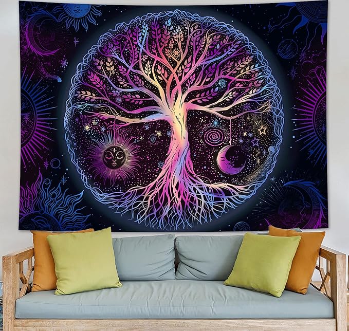 FORATER Tree of Life Tapestry Wall Hanging Colorful Life Tree Tapestries Aesthetic Sun and Moon Galaxy Wall Tapestry for Bedroom Living Room Dorm (61 x 82 Inch, Multicolor)