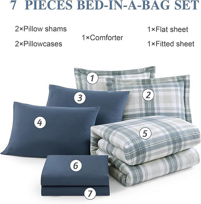 Blue Full Size Comforter Sets, Plaid Comforter Full Size for Boys & Girls,Classic Homestead-style Bedding Sets Full with Full Size Bed Sheets and Comforter Set