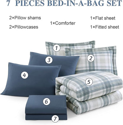 Blue Comforters Queen Size, Plaid Queen Bed Set for Boys & Girls,Classic Homestead-style Queen Size Comforter Sets with Sheets and Comforter Set
