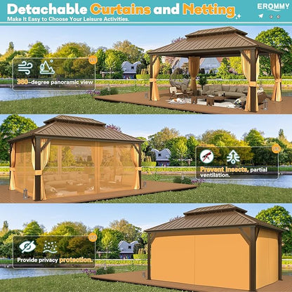 EROMMY 12' x 16' Hardtop Gazebo, Aluminum Frame Gazebos with Galvanized Steel Double Roof, Permanent Outdoor Metal Pavilion with Curtain and Netting for Patio, Lawn, Deck