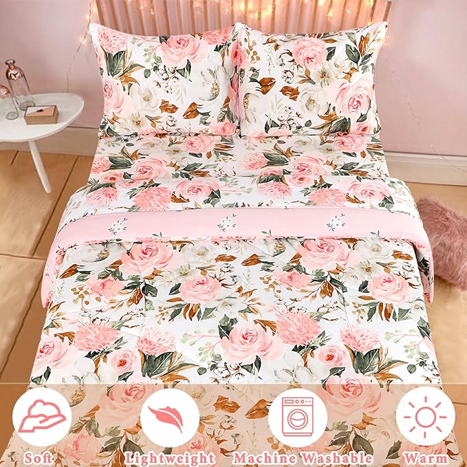 DILIMI Full Size Comforter Set for Girls, Reversible Comforter Full Size, 5 Pieces Ultra Soft Pink Floral Full Size Bed Comforter Sets with Sheet, Comforter, Flat Sheet, 2 Pillowcase