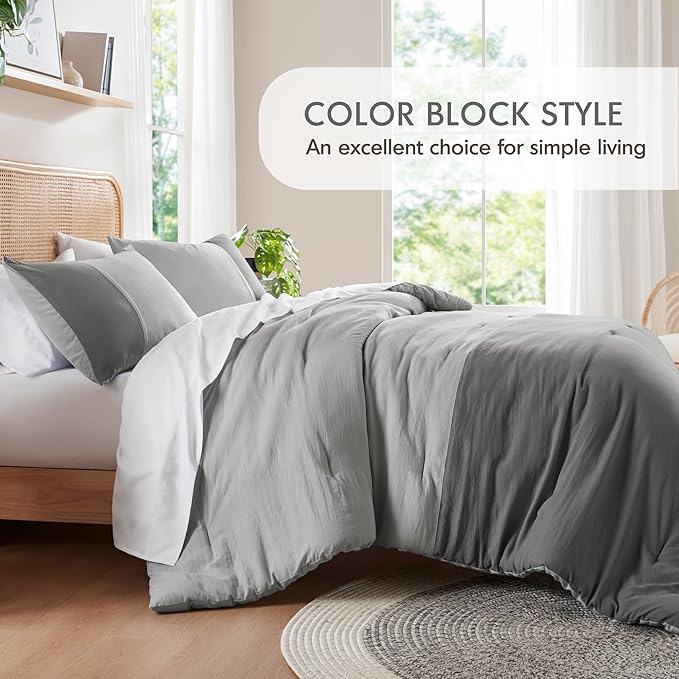 Grey Comforter King Size - Modern Farmhouse Soft Comforter Sets for Men, Masculine Colorblock Pattern Bed Sets for All Season, 3 Pieces includes 1 Comforter, 2 Shams (104"x 90")
