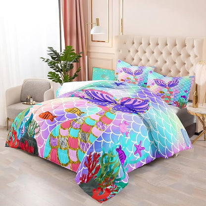Mermaid Tail Comforter Set Queen Size, 3Pcs Rainbow Mermaid Fish Scales Bedding Set, Microfiber Kids Bedding Glitter Mermaid Tail Pattern Decor for Girls Bedroom1 Comforter 2 Pillowcase