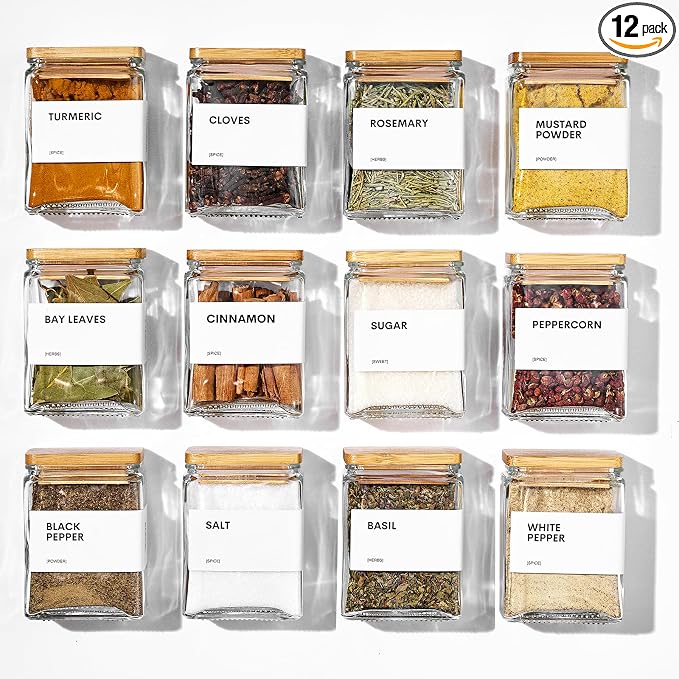 Glass Spice Jars with Bamboo Lid, 4oz Square Spice Containers for Pantry Organization, Seasoning Bottles with Labels, Spoons, Funnel for Salt Sugar