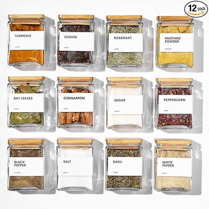 Glass Spice Jars with Bamboo Lid, 4oz Square Spice Containers for Pantry Organization, Seasoning Bottles with Labels, Spoons, Funnel for Salt Sugar