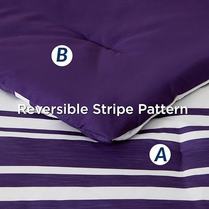 Bedsure Bed in a Bag Queen Size 7-Piece Purple White Striped Bedding Comforter Sets All Season Bed Set, 2 Pillow Shams, Flat Sheet, Fitted Sheet and 2 Pillowcases