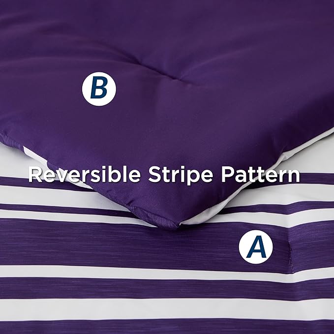 Bedsure Bed in a Bag California King Size 7-Piece Purple White Striped Bedding Comforter Sets All Season Bed Set, 2 Pillow Shams, Flat Sheet, Fitted Sheet and 2 Pillowcases