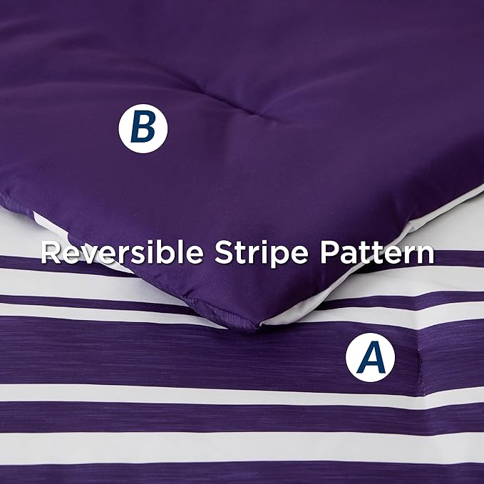 Bedsure Bed in a Bag Twin Size 5-Piece Purple White Striped Bedding Comforter Sets All Season Bed Set with 1 Pillow Sham, Flat Sheet, Fitted Sheet and 1 Pillowcase